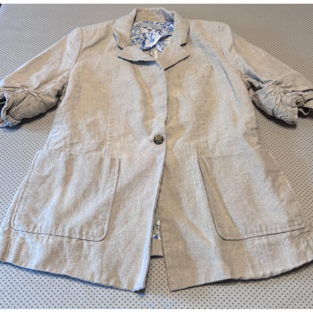 Tuckernuck Women Linen Blazer Oatmeal Beige Floral Lining Puff Sleeve Size M